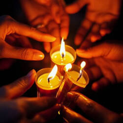 a circle of hands hold together three small candles, glowing brightly in the darkness